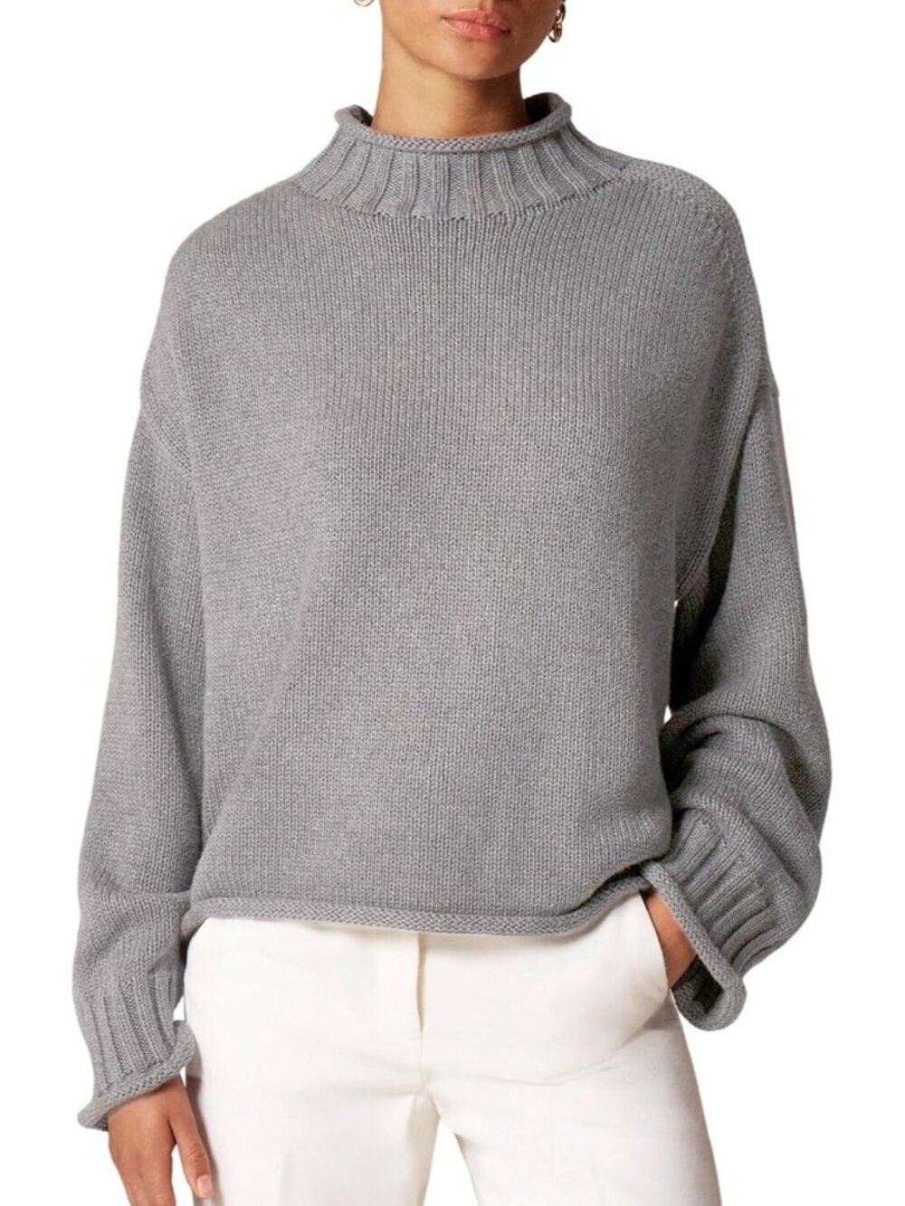 Women's Grey Rollneck Sweater Oversized Cotton Long Sleeve Casual Knit Sweater